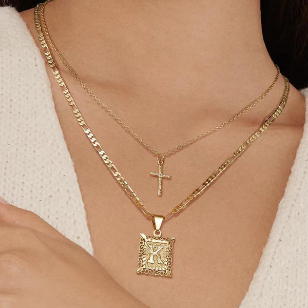 14k Initial & Cross Necklace Set