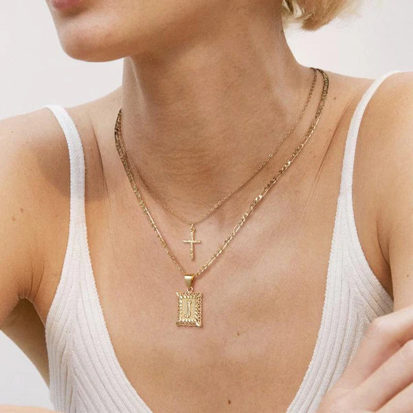 14k Initial & Cross Necklace Set