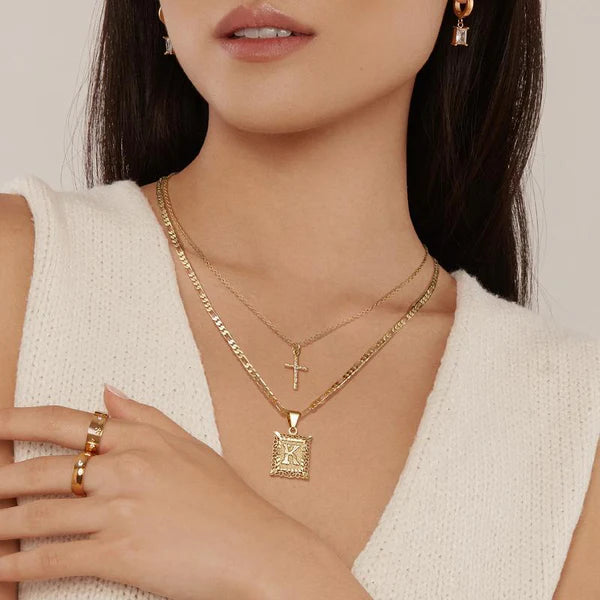 14k Initial & Cross Necklace Set