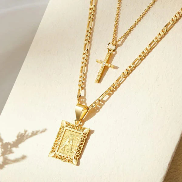 14k Initial & Cross Necklace Set