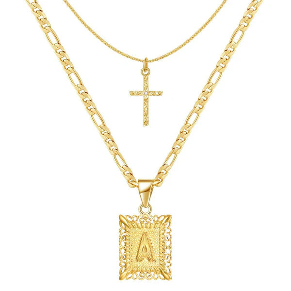 14k Initial & Cross Necklace Set
